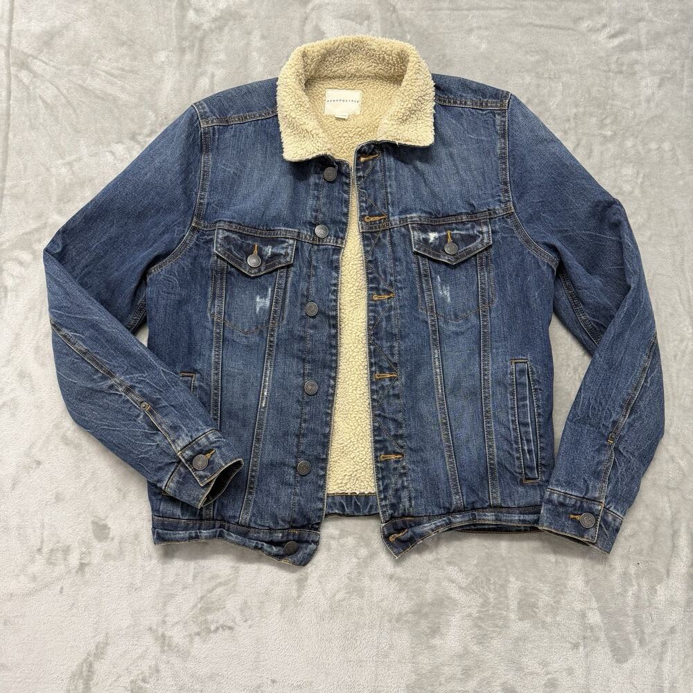 Aeropostale Men’s Sherpa Lined Denim Trucker Jacket Size Small Medium Wash Blue